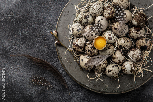 Photo quail eggs on grey plate, easter concept