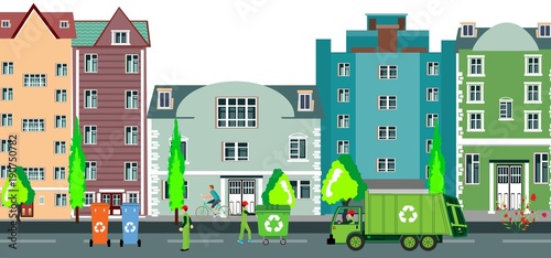 Urban waste recycling process with garbage truck and garbage collectors workers, city buildings on background Flat vector concept illustration