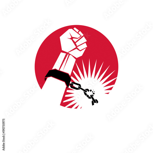 Slave red arm with clenched fist in shackles breaks the chain. Freedom for the prisoners.
