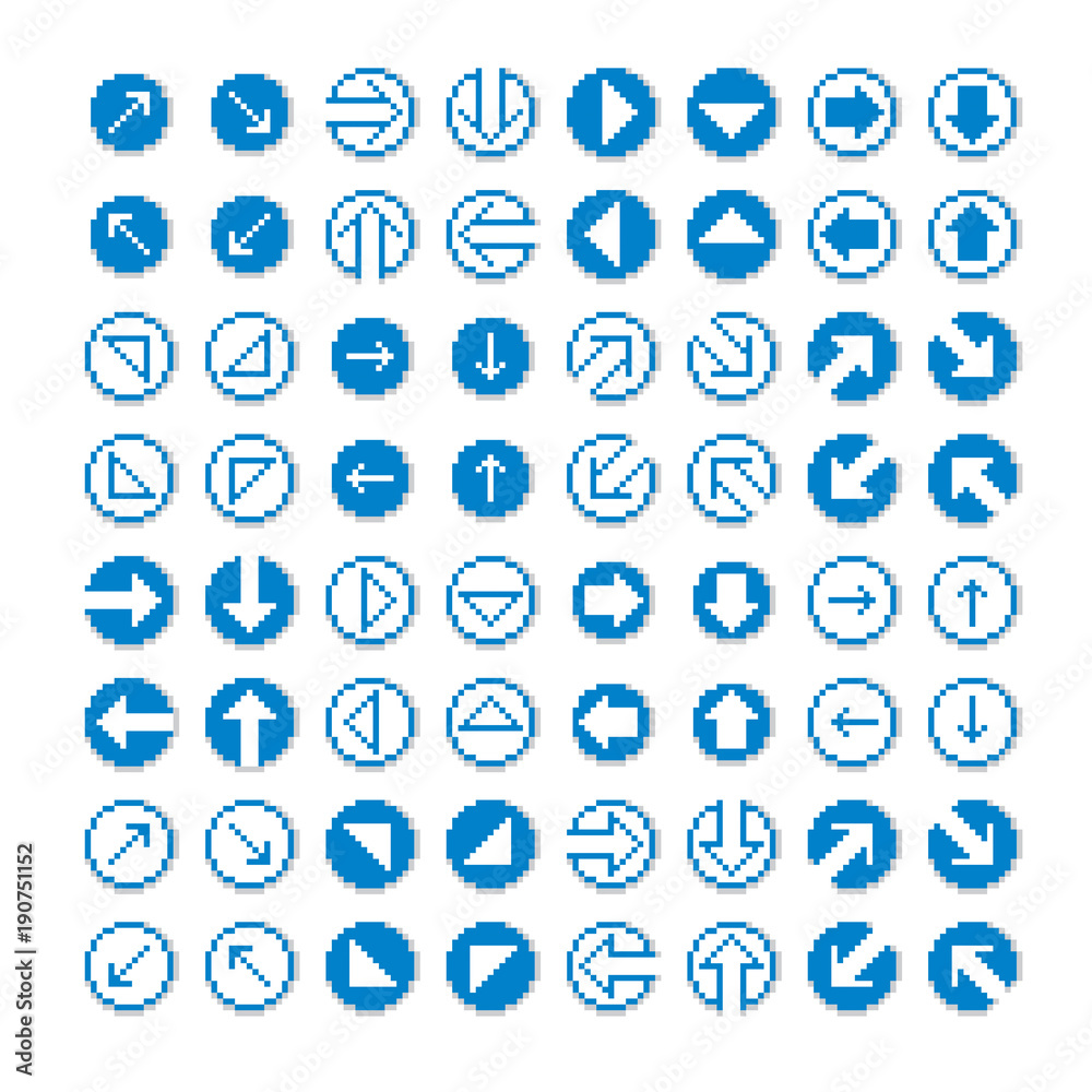 Different vector arrows, pixel icons isolated, collection of 8bit graphic elements. Simplistic digital direction signs, web icons. Different vector arrows, pixel icons isolated, collection of 8bit graphic elements. Simplistic digital direction signs, web icons.