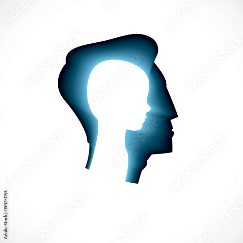 Psychology, mental health vector design, created with man head profile and little child boy inside, inner child concept, origin of human individuality and psychic problems. Therapy and analysis.