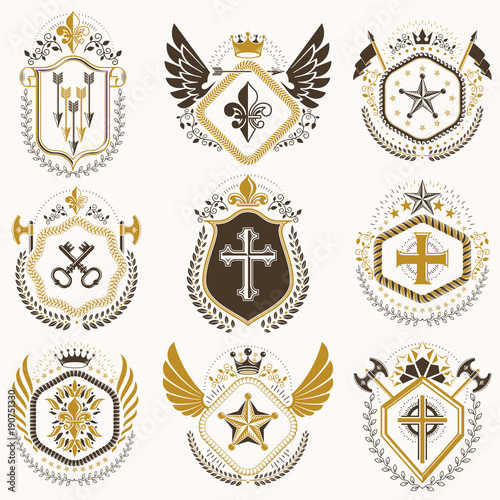 Heraldic emblems with wings isolated on white backdrop. Collection of vector symbols in vintage style created using heraldry elements like crowns, towers, crosses and armory.