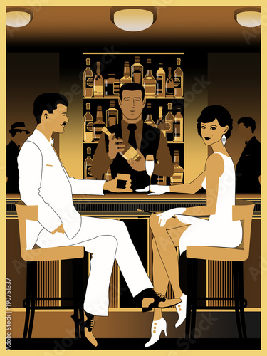 Couple in bar in the style of the early 20th century. Retro party invitation card. Handmade drawing vector illustration. Art Deco style.