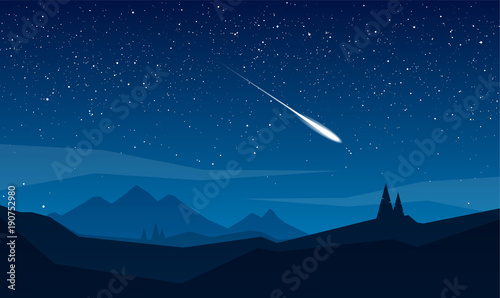 Night mountains landscape with stars and meteor.