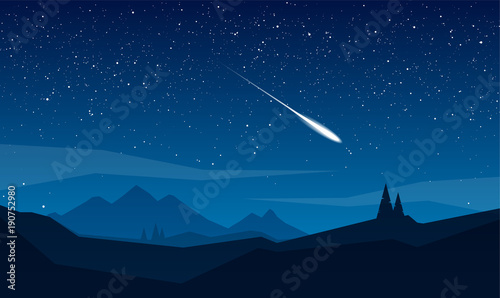 Night mountains landscape with stars and meteor. photo