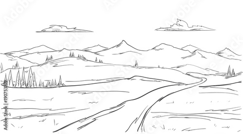 Hand drawn Mountains sketch landscape with road, pine and clouds. Line design