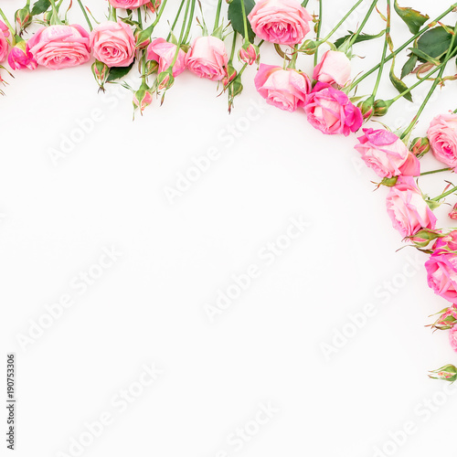 Fototapeta Naklejka Na Ścianę i Meble -  Floral frame made of pastel pink roses on white background. Flat lay, Top view.