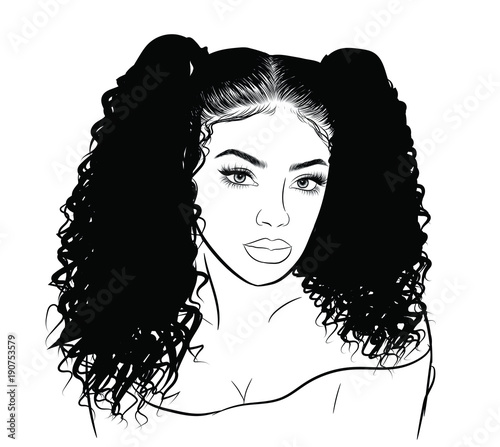 Hand-drawn black woman with curly double  ponytails and luxurious hair. Girl with perfectly shaped eyebrows and full lashes. Idea for business visit card, typography vector. Perfect salon look. 