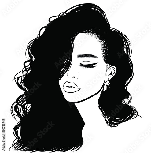 Hand-drawn girl with silky hair and luxurious eye with perfectly shaped eyebrows and full lashes. Idea for business visit card, typography vector. Perfect salon look.