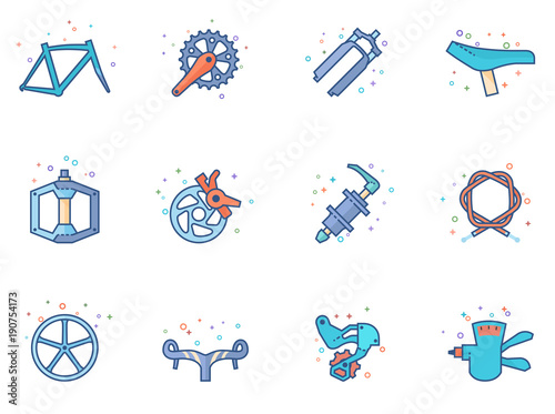Bicycle part icons series in flat colors style.