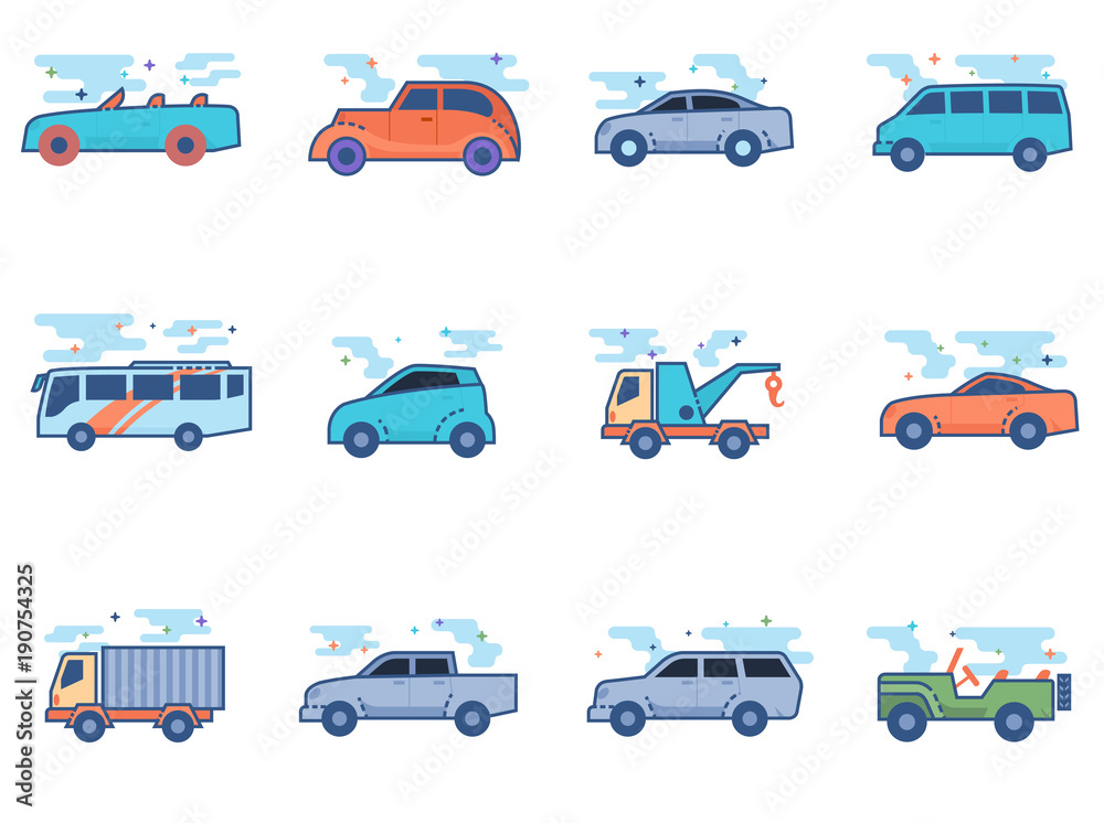 Car icons in flat color style. Vector illustration.