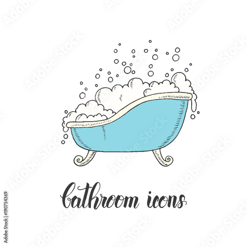 Vintage hand drawn bathtub with lather in a sketch style. Hand made lettering. Vector objects from the bathroom. 