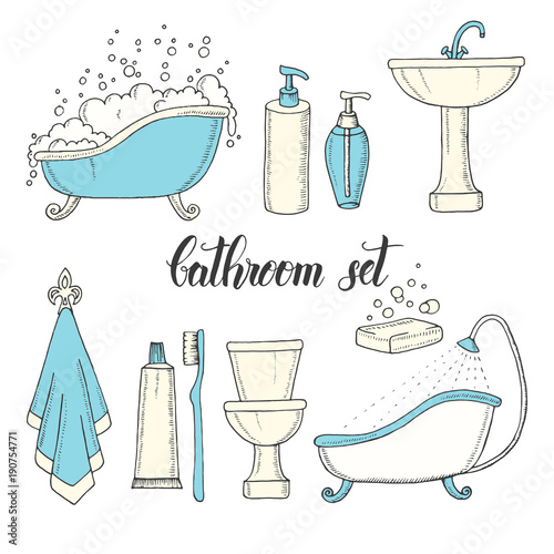Hand drawn vintage set of objects from the bathroom. Bathtub, toilet, washbasin, shower, soap, shampoo, towel, toothbrush, toothpaste. Hand made lettering. Vector