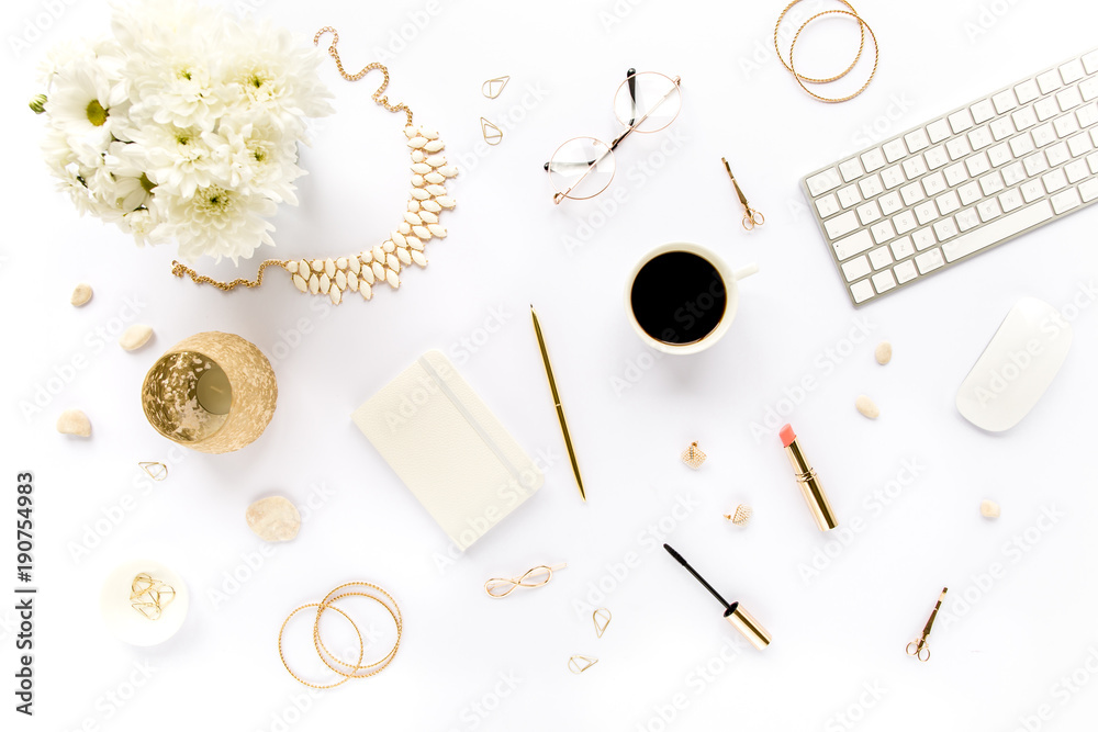 Stylish table desk. workspace with computer, bouquet, coffee and feminine accessories on white background. Flat composition for magazines, websites, media, Instagram. Flat lay, top view Stylish table desk. workspace with computer, bouquet, coffee and feminine accessories on white background. Flat composition for magazines, websites, media, Instagram. Flat lay, top view