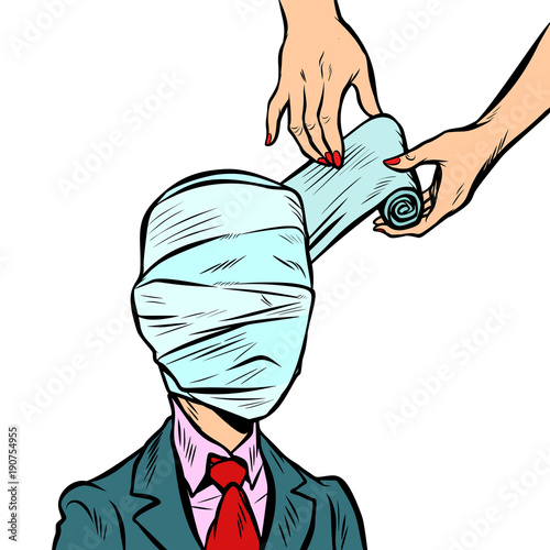 fully bandaged head, medical trauma