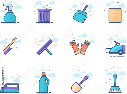 Cleaning tool icon series in flat color style. Vector illustration.