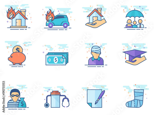Insurance icons in flat color style. Vector illustration.
