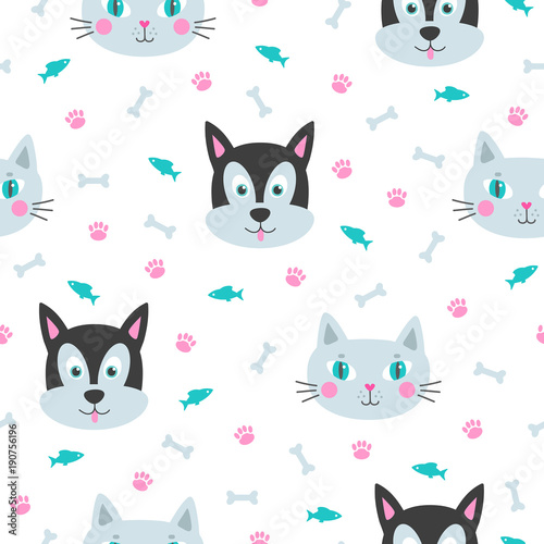 Seamless vector pattern with cute animals on white background. Hand-drawn template for birthday, wrapping paper, textile, web page background, packaging, poster, banner and etc.