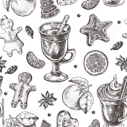 Seamless decorative pattern with winter treats - gingerbread, warming drinks, tangerines, spices. Hand drawn Christmas and New Year's elements. perfect for design wrapping paper. Vector illustration.