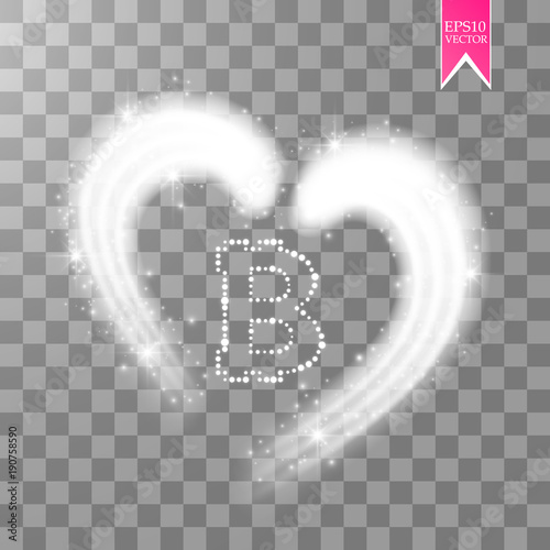 Bitcoin on the transparent background with shine heart and glitters stars and sparkles.