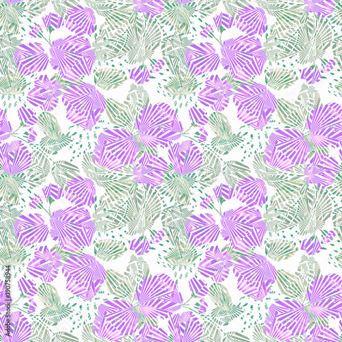 Seamless abstract floral pattern. Lilac flowers green leaves on white background.