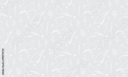 Seamless pattern. Hand drawn outline pigeons on meadow. Vector sketch illustration of dove bird.