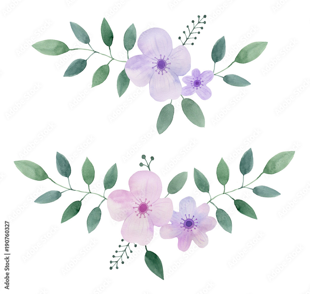 Obraz premium Decorative flower composition with leaves. Watercolor hand drawn illustration. Isolated on white background