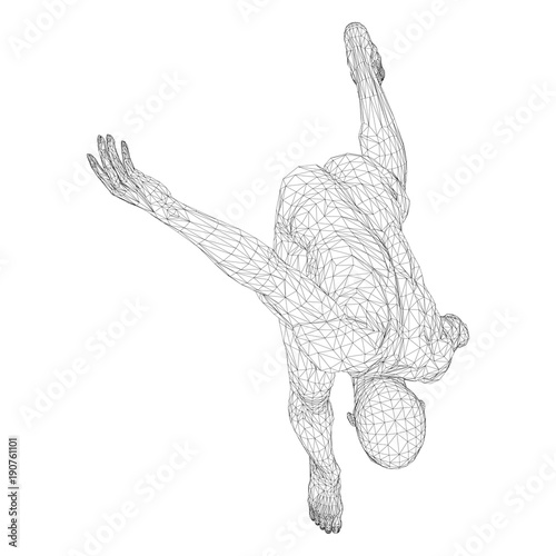 Male athlete discus thrower or a runner, in standby or low start. Views from different sides. Vector illustration of black, triangular grid on a white background.