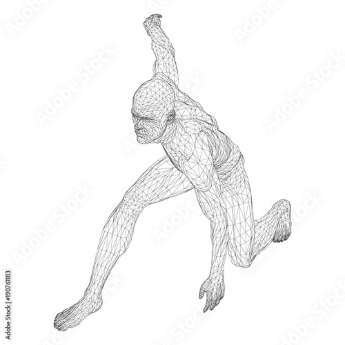 Male athlete discus thrower or a runner, in standby or low start. Views from different sides. Vector illustration of black, triangular grid on a white background.