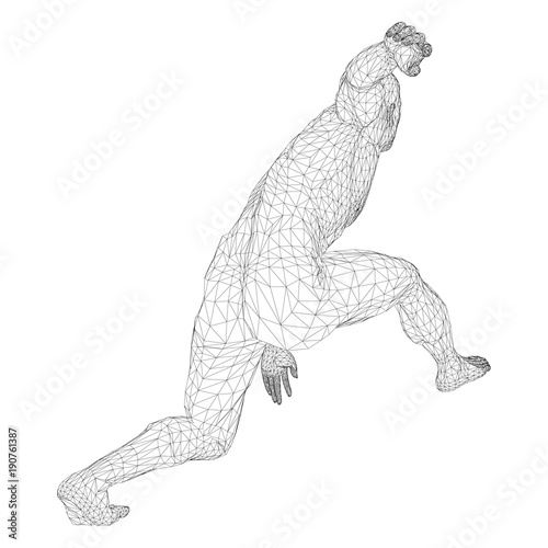 Male athlete discus thrower or a runner, in standby or low start. Views from different sides. Vector illustration of black, triangular grid on a white background.