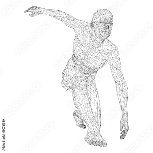 Male athlete discus thrower or a runner, in standby or low start. Views from different sides. Vector illustration of black, triangular grid on a white background.