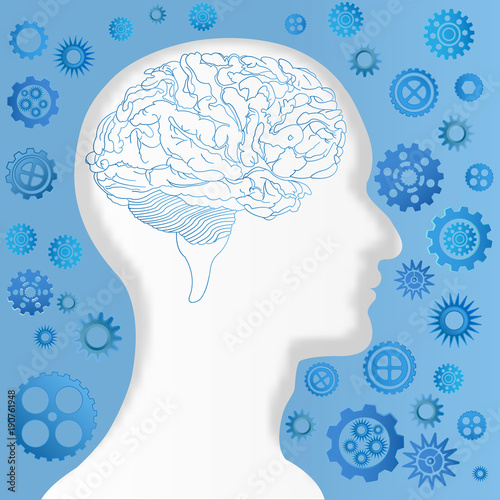 brain human in Gear blue layer background as technology, industry, cogs representing and thinking mind concept. photo