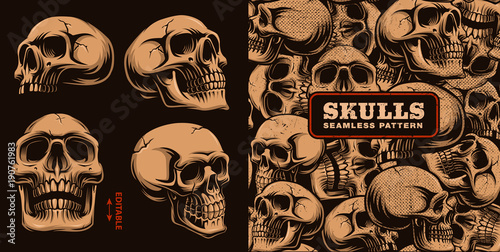 Set of different skulls with seamless pattern.