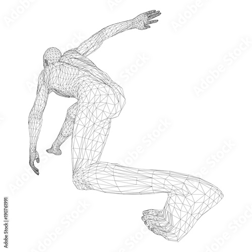 Male athlete discus thrower or a runner, in standby or low start. Views from different sides. Vector illustration of black, triangular grid on a white background.