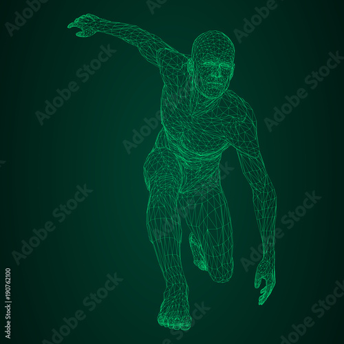 Male athlete discus thrower or a runner, in standby or low start. Views from different sides. Vector illustration of green neon glowing triangular mesh on black and green background.