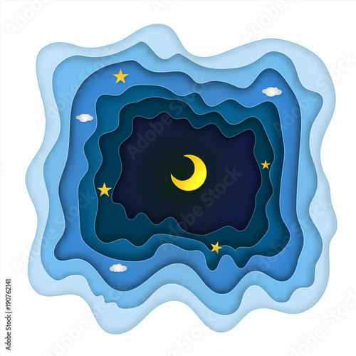 Origami layer skyscape of half moon, clouds and stars in the night as paper art and craft style concept. vector illustrator.