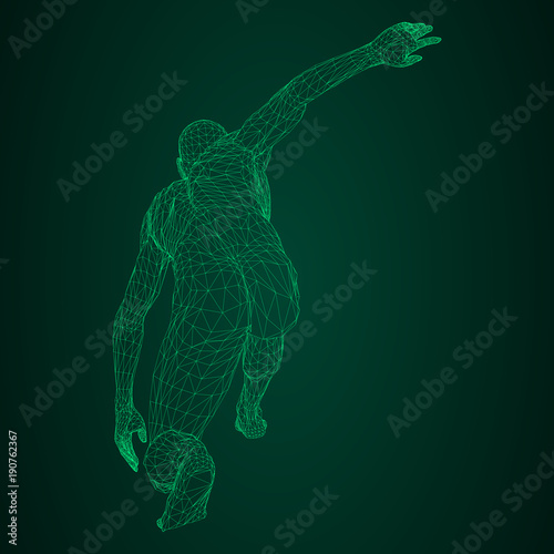 Male athlete discus thrower or a runner, in standby or low start. Views from different sides. Vector illustration of green neon glowing triangular mesh on black and green background.