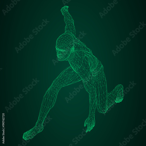 Male athlete discus thrower or a runner, in standby or low start. Views from different sides. Vector illustration of green neon glowing triangular mesh on black and green background.
