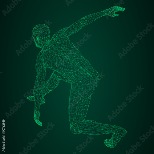 Male athlete discus thrower or a runner, in standby or low start. Views from different sides. Vector illustration of green neon glowing triangular mesh on black and green background.