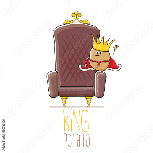 vector funny cartoon cool cute brown smiling king potato with golden royal crown and red mantle or cape sitting on brown throne isolated on white background.