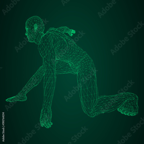 Male athlete discus thrower or a runner, in standby or low start. Views from different sides. Vector illustration of green neon glowing triangular mesh on black and green background.