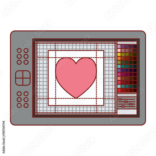 digitizer tablet with colours palette and heart design in colorful silhouette with thin red contour vector illustration