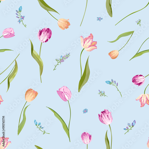 Floral Seamless Pattern with Watercolor Tulips. Spring Background with Blossom Flowers for Fabric, Wallpaper, Posters, Banners. Vector illustration