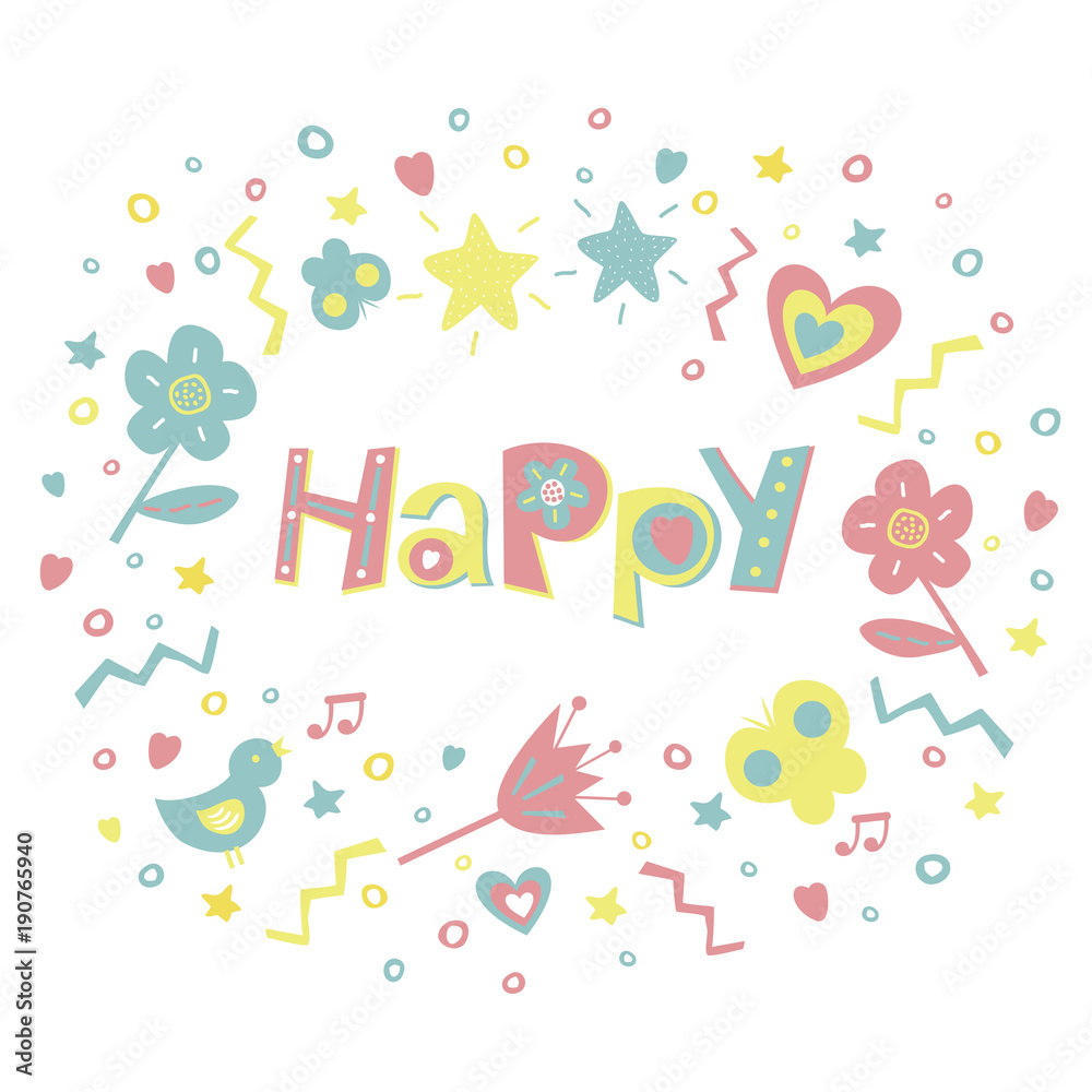 The inspiration HAPPY written in a nice font surrounded by flowers, hearts, butterflies.