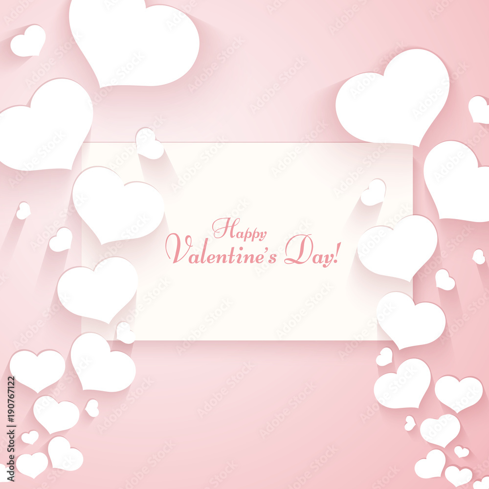 Romantic pattern with hearts on a gentle pink background Text of Happy Valentine's Day Template for posters banners advertising for Valentine's Day wedding cards Creative design Love background Vector
