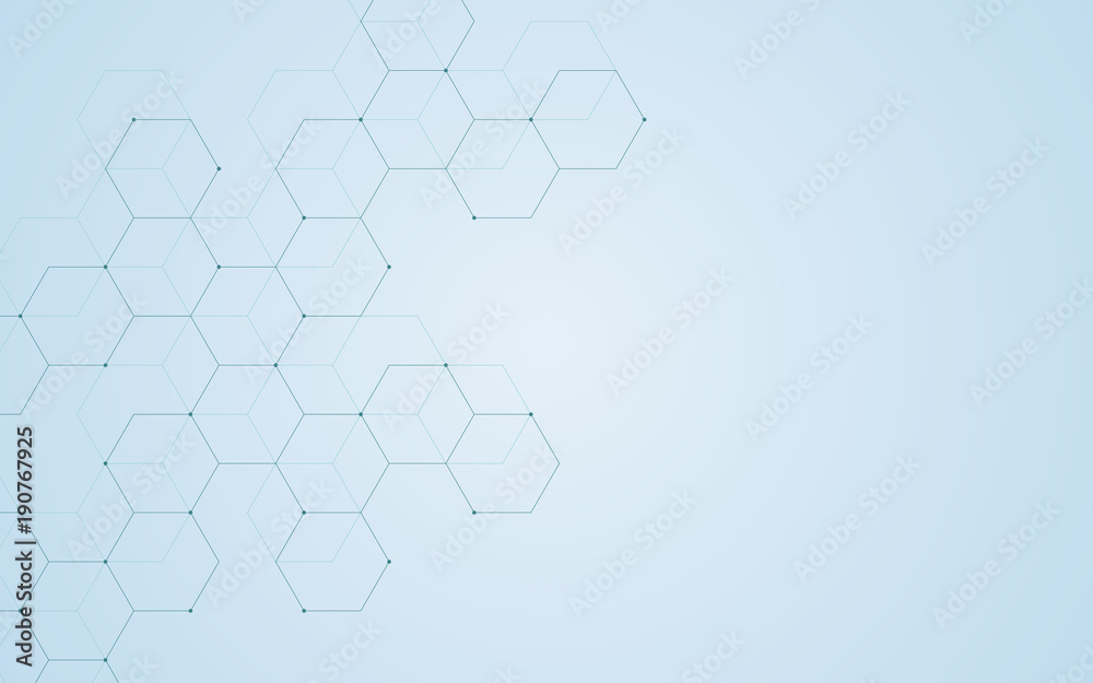 Illustration, hexagonal background. Digital geometric abstraction with lines and dots. Geometric abstract design.