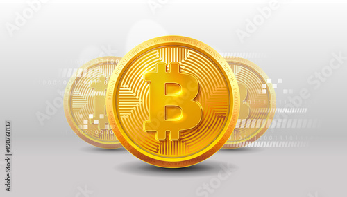 Bitcoins money Virtual currency concept background. Golden bitcoin coin blockchain technology for crypto currency. Digital money currency. Vector stock illustration. EPS 10