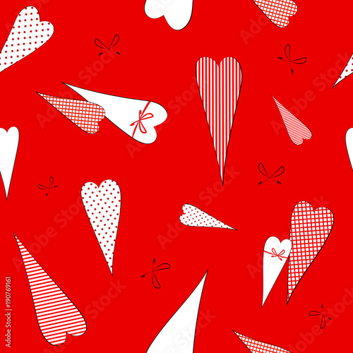 Seamless pattern with a drawing of doodles hearts in peas striped cage Decorative romantic background for Valentine's Day wedding cards wrapper Creative drawing of hearts in Tilde style Vector design