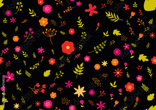 Floral art design on black background. Beautiful flowers decorative template