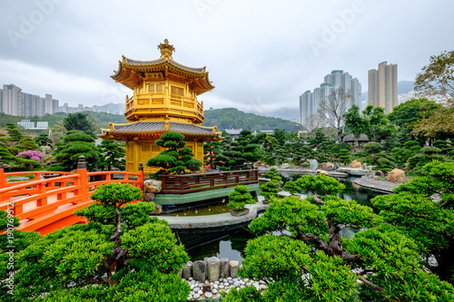 Pagoda style Chinese architecture Perfection in Nan Lian Garden  Hong Kong  China.